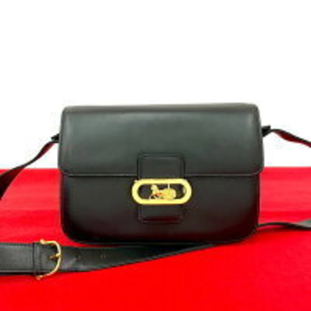 CELINE Horse Carriage Logo Leather One Shoulder Hobo Bag Black